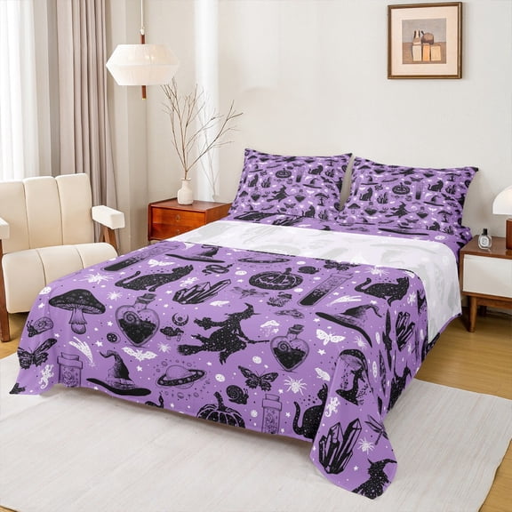 Feelyou Dreamy Pumpkin Mushroom Bed Sheets, Magic Cartoon Witch King Sheets, Happy Halloween Sheet Set, Ultra Soft Home Decor, 4pcs