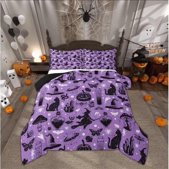 Feelyou Dreamy Pumpkin Mushroom Full Size Comforter Sets, Magic Cartoon Witch Bedding Comforter Set, Happy Halloween Reversible Bedding Sets, Ultra Soft Home Decor, 3pcs