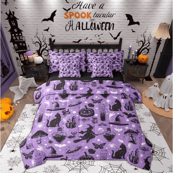 Feelyou Dreamy Pumpkin Mushroom Twin Bedding Sets 7-Piece, Magic Cartoon Witch Bedding Comforter Set, Happy Halloween Reversible Sheet Sets, Ultra Soft Home Decor