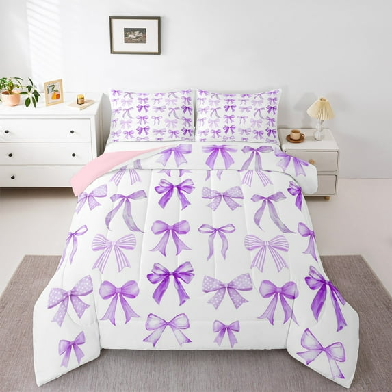 Feelyou Dreamy Purple Bow Bedding Comforter Set for Girls, Cartoon Bowknot Twin Comforter Sets, Cute Princess Cartoon Reversible Bedding Set, Luxury Bedroom Decor, 2 Pieces