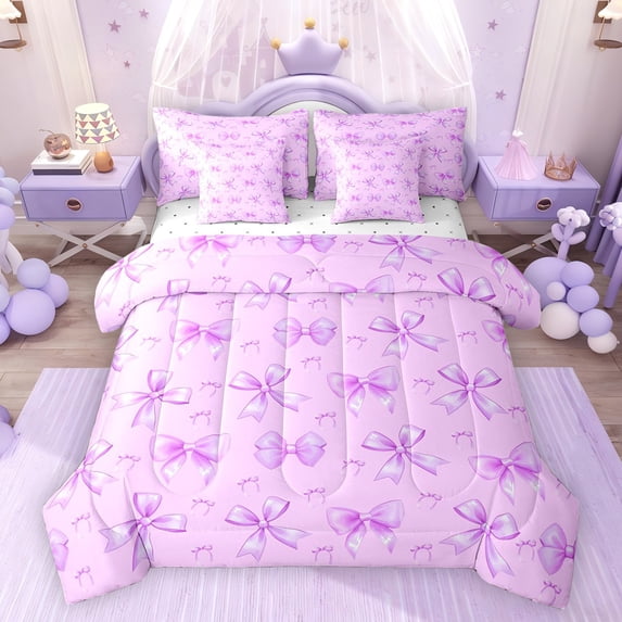 Feelyou Dreamy Purple Bowknot Bedding Comforter Set 7pcs, Boy Girl Queen Bedding Sets