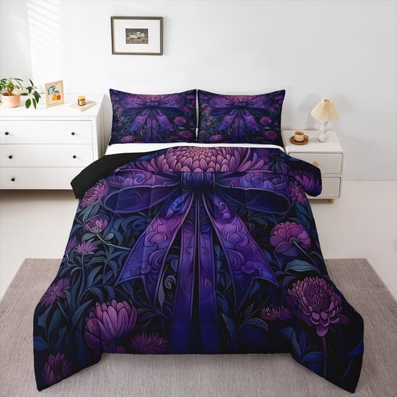 Feelyou Dreamy Purple Bowknot Bedding Comforter Set, Western Rustic Flower Twin Comforter Sets, Vinatge French Style Reversible Bedding Set, Luxury Bedroom Decor, 2pcs