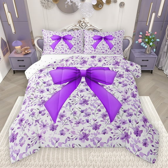 Feelyou Dreamy Purple Bowknot Full Size Comforter Sets for Kid, Spring Flower Floral Bedding Comforter Set, Western Fashion Style Reversible Bedding Sets, Lightweight Room Decor, 3-Piece