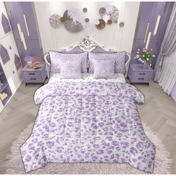 Feelyou Dreamy Purple Fashion Bedding Comforter Set 7-Piece, Cheetah Leopard Print King Bedding Sets, Princess Style Reversible Bed Sheets, Microfiber Bedroom Decor