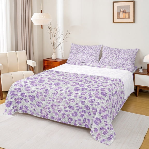 Feelyou Dreamy Purple Fashion Full Size Sheets, Cheetah Leopard Print Bed Sheets, Princess Style Sheet Sets, Microfiber Bedroom Decor, 4pcs
