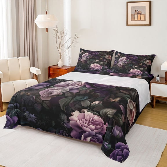 Feelyou Dreamy Purple Flower Bed Sheets, Rustic Plant Botanical King Sheets, Mandala Boho Style Sheet Set, Luxury Bedroom Decor, 4 Pieces