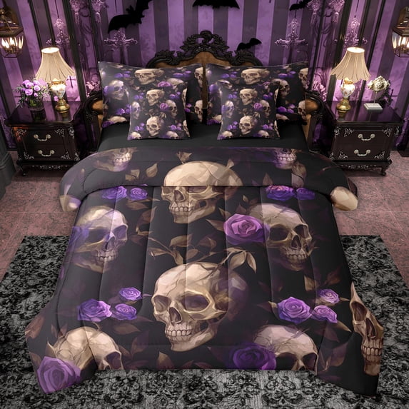 Feelyou Dreamy Purple Flower Bedding Comforter Set 7pcs, Bohemian Skeleton King Bedding Sets, Couple Valentine's Day Reversible Bed Sheets, Ultra Soft Bedroom Decor
