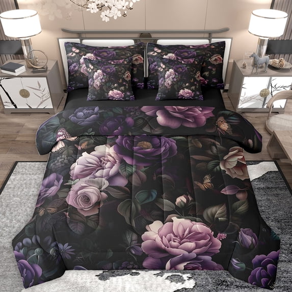 Feelyou Dreamy Purple Flower Bedding Comforter Set 7pcs, Rustic Plant Botanical Queen Bedding Sets, Mandala Boho Style Reversible Queen Sheet Sets, Luxury Bedroom Decor