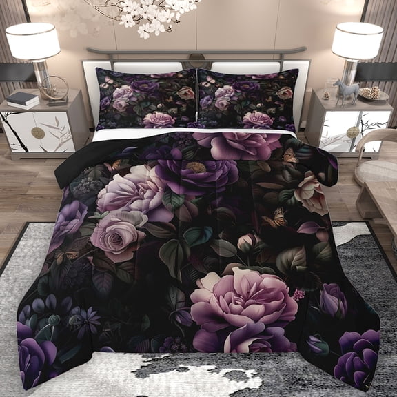 Feelyou Dreamy Purple Flower Queen Comforter Set, Rustic Plant Botanical Bedding Sets, Mandala Boho Style Reversible Bedding Comforter Set, Luxury Bedroom Decor, 3 Pieces