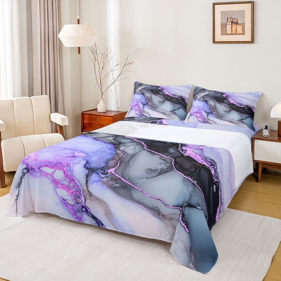 Feelyou Dreamy Purple Marbling Twin Sheet Sets, Modern Fashion Stripes Twin Fitted Sheet, Teens Adult Men Women Flat Sheet, Luxury Bedroom Decor, 3pcs