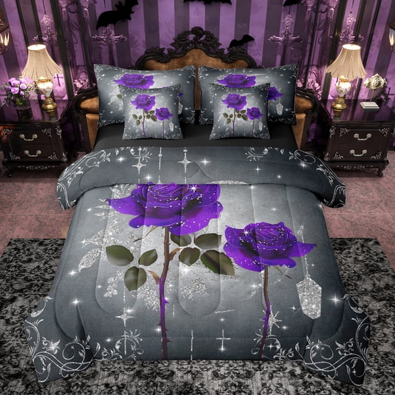 Feelyou Dreamy Purple Rose Bedding Comforter Set 7pcs, Chic Sequin Print Grey Queen Bedding Sets, Modern Fashion Style Reversible Queen Sheet Sets, Luxury Bedroom Decor
