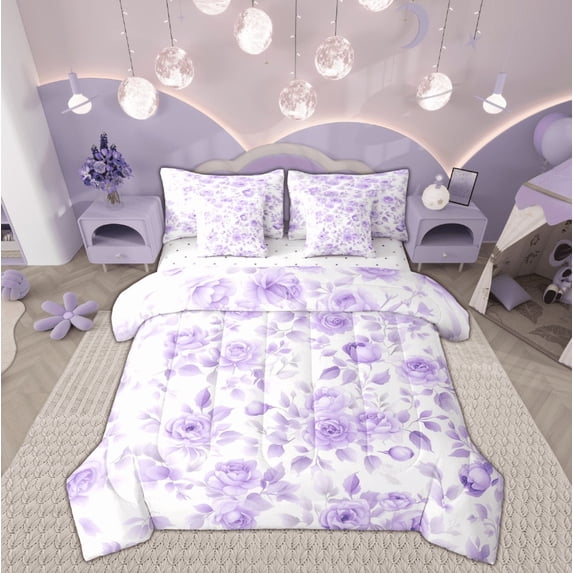 Feelyou Dreamy Purple Rose Twin Bedding Sets 7-Piece, Rustic Flower Floral Bedding Comforter Set, Plant Botanical Sheet Sets, Breathable Home Decor