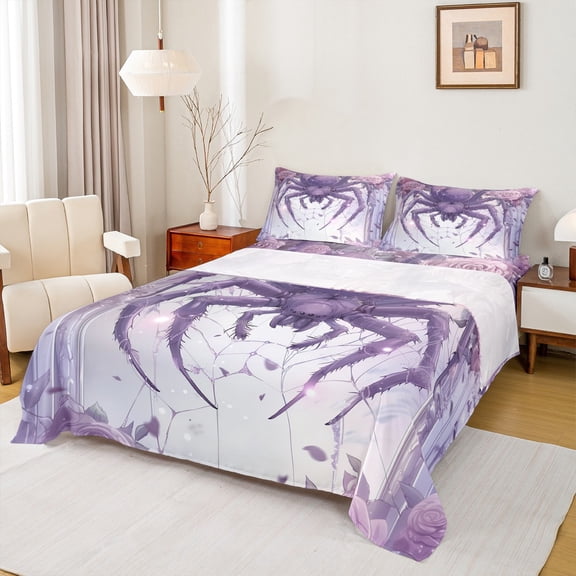 Feelyou Dreamy Purple Spider Bed Sheets, Romantic Rose Flower King Sheets, Couple Anniversary Sheet Set, Super Cozy Room Decor, 4 Pieces