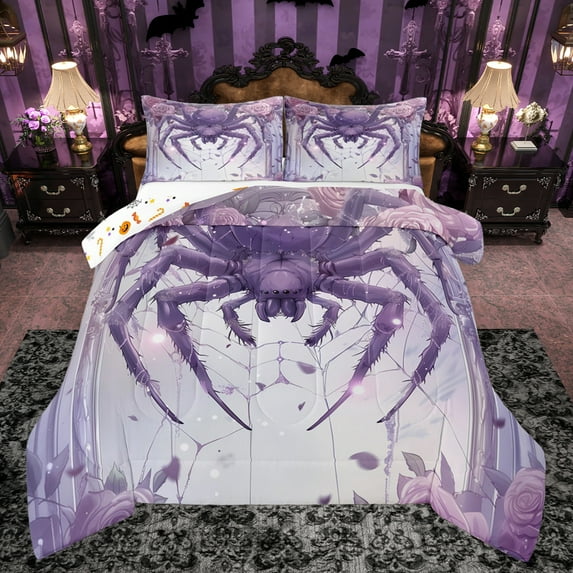 Feelyou Dreamy Purple Spider Bedding Comforter Set, Romantic Rose Flower Twin Comforter Sets, Couple Anniversary Reversible Bedding Set, Super Cozy Room Decor, 2 Pieces