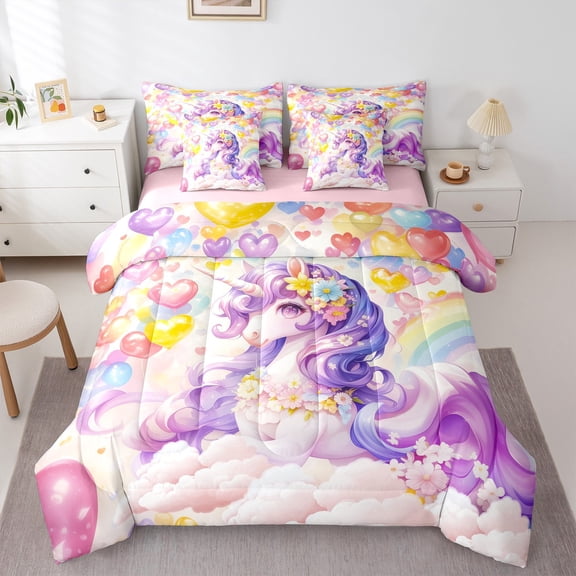 Feelyou Dreamy Purple Unicorn Bedding Comforter Set 7pcs for Kids, Cartoon Love Heart Flower Queen Bedding Sets, Kawaii Anime Animal Reversible Queen Sheet Sets, Ultra Soft Bedroom Decor