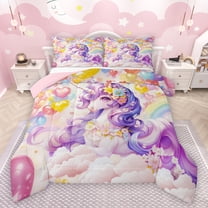 Feelyou Dreamy Purple Unicorn Bedding Comforter Set for Kids, Cartoon Love Heart Flower Twin Comforter Sets, Kawaii Anime Animal Reversible Bedding Set, Ultra Soft Bedroom Decor, 2 Pieces
