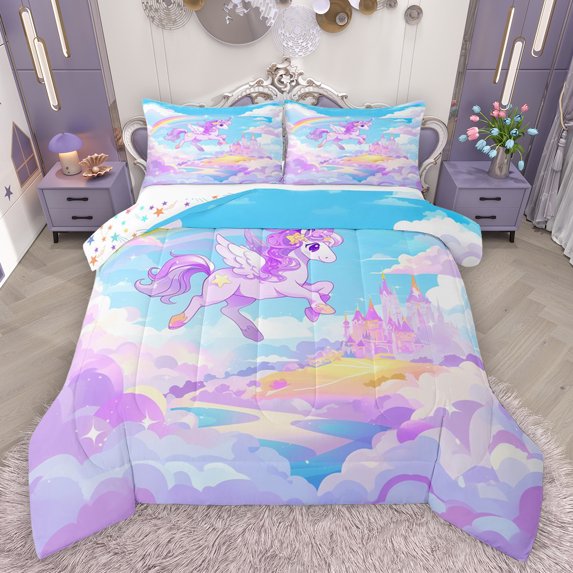 Feelyou Dreamy Purple Unicorn Bedding Comforter Set for Teen, Mystic Castle Twin Comforter Sets, Cartoon Magical Animal Reversible Bedding Set, Microfiber Bedroom Decor, 2-Piece