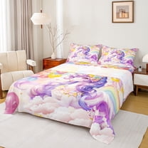 Feelyou Dreamy Purple Unicorn Twin Sheet Sets for Kids, Cartoon Love Heart Flower Twin Fitted Sheet, Kawaii Anime Animal Flat Sheet, Ultra Soft Bedroom Decor, 3 Pieces