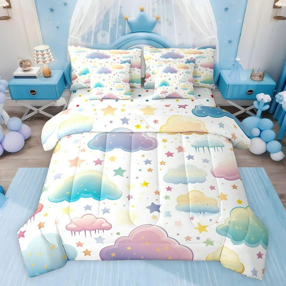Feelyou Dreamy Rainbow Child Bedding Comforter Set 7pcs, Colorful Stars Print King Bedding Sets, Fairy Tale Style Reversible Bed Sheets, Lightweight Room Decor