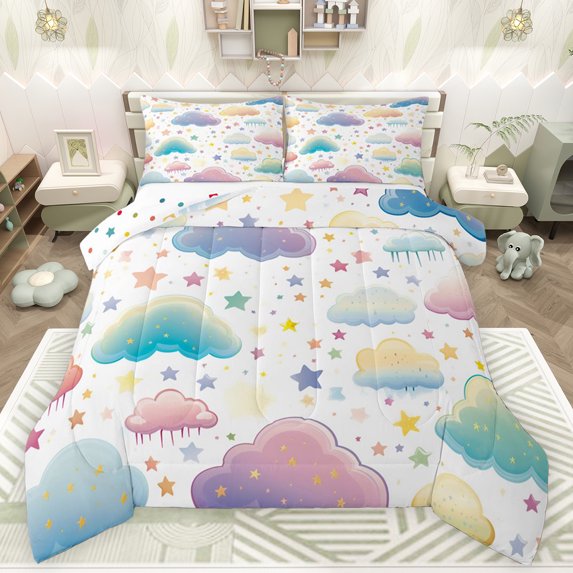 Feelyou Dreamy Rainbow Child Bedding Comforter Set, Colorful Stars Print Twin Comforter Sets, Fairy Tale Style Reversible Bedding Set, Lightweight Room Decor, 2-Piece