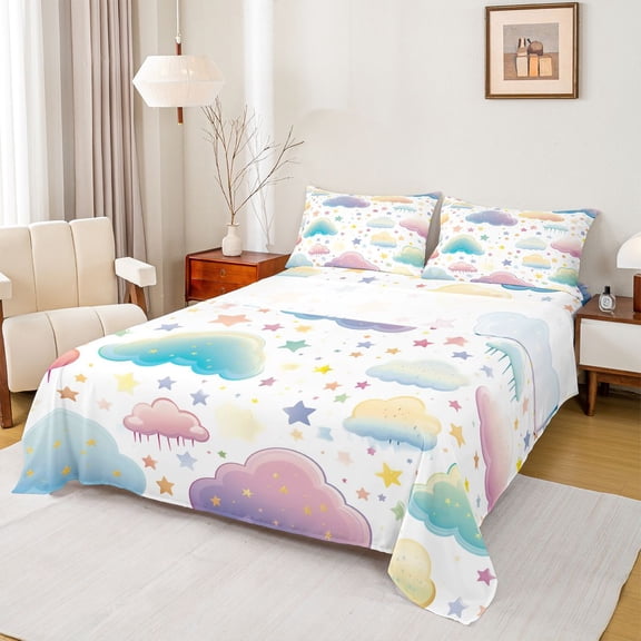 Feelyou Dreamy Rainbow Child Queen Sheet Sets, Colorful Stars Print Flat Sheet, Fairy Tale Style Queen Fitted Sheet, Lightweight Room Decor, 4-Piece