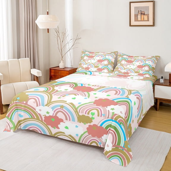 Feelyou Dreamy Rainbow Cloud Bed Sheets, Kawaii Stars Starry Sky King Sheets, Teens Kids Boys Girls Sheet Set, Microfiber Bedroom Decor, 4pcs
