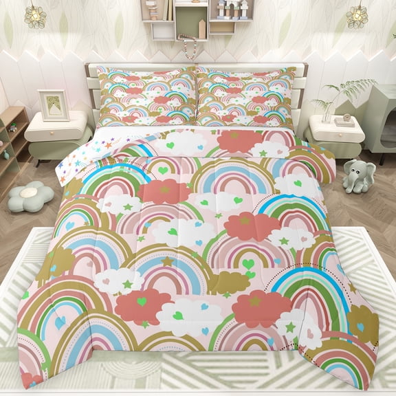 Feelyou Dreamy Rainbow Cloud Queen Comforter Set, Kawaii Stars Starry Sky Bedding Sets, Teens Kids Boys Girls Reversible Bedding Comforter Set, Microfiber Bedroom Decor, 3pcs