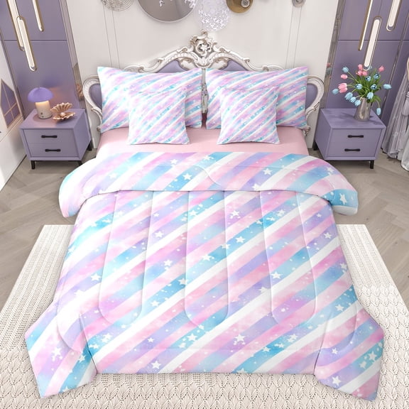 Feelyou Dreamy Rainbow Print Bedding Comforter Set 7 Pieces for Child, Watercolor Stripes Lines Full Bedding Set, Cartoon Stars Reversible Fitted Sheet Flat Sheet, Luxury Bedroom Decor
