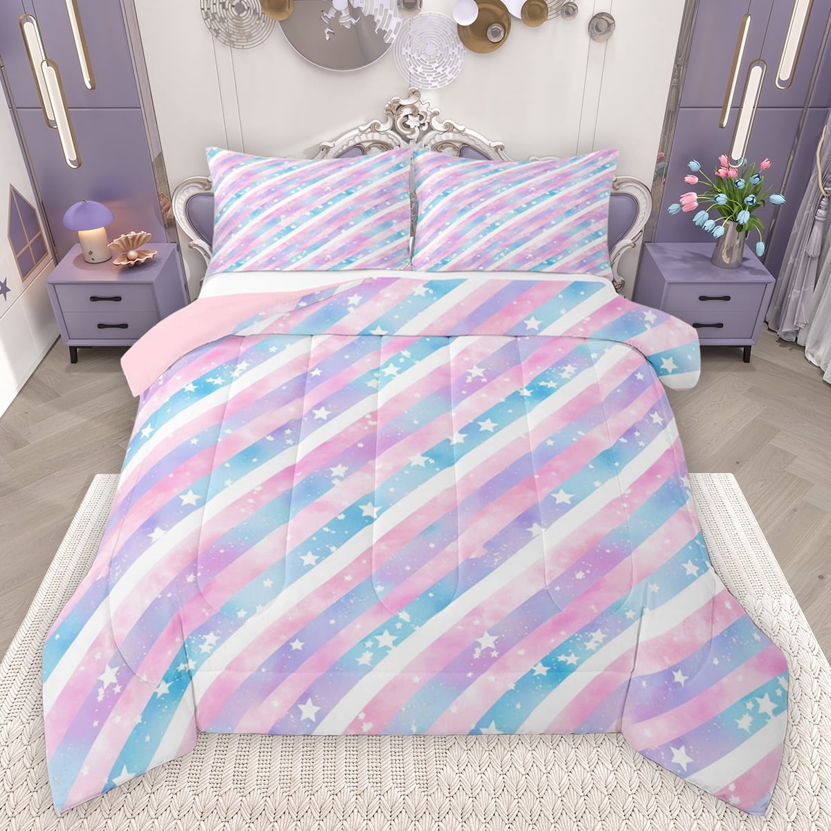 Feelyou Dreamy Rainbow Print Bedding Comforter Set for Child, Watercolor Stripes Lines Twin Comforter Sets, Cartoon Stars Reversible Bedding Set, Luxury Bedroom Decor, 2 Pieces