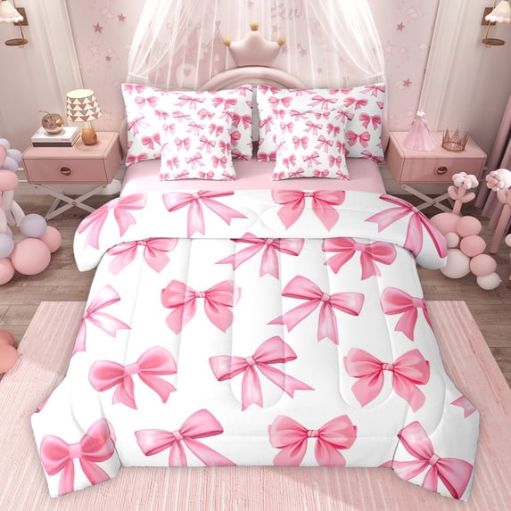 Feelyou Dreamy Ribbon Bow Bedding Comforter Set 7 Pieces for Girl, Fairy Tale Princess Full Bedding Set, Kawaii Cartoon Theme Reversible Fitted Sheet Flat Sheet, Super Cozy Room Decor
