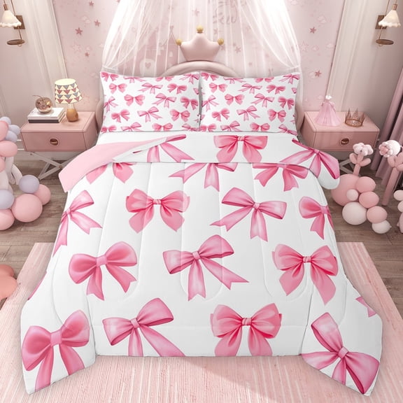 Feelyou Dreamy Ribbon Bow Bedding Comforter Set for Girl, Fairy Tale Princess Twin Comforter Sets, Kawaii Cartoon Theme Reversible Bedding Set, Super Cozy Room Decor, 2-Piece