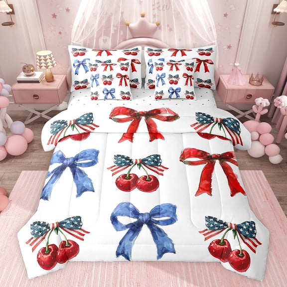 Feelyou Dreamy Ribbon Cherry Bedding Comforter Set 7 Pieces for Kids, American Flag Bowknot Full Bedding Set, Fairy Tale Style Reversible Fitted Sheet Flat Sheet, Breathable Home Decor