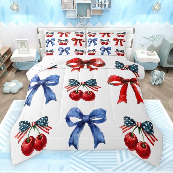 Feelyou Dreamy Ribbon Cherry Bedding Comforter Set for Kids, American Flag Bowknot Twin Comforter Sets, Fairy Tale Style Reversible Bedding Set, Breathable Home Decor, 2-Piece