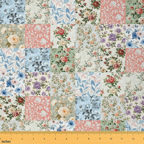 Feelyou Dreamy Rose Fabric by the Yard 2 Yards for Girls, Rustic Garden Flower Room Decor Fabric by the Yard, Vintage Floral Patchwork Fabric for Sewing, Lightweight Room Decor