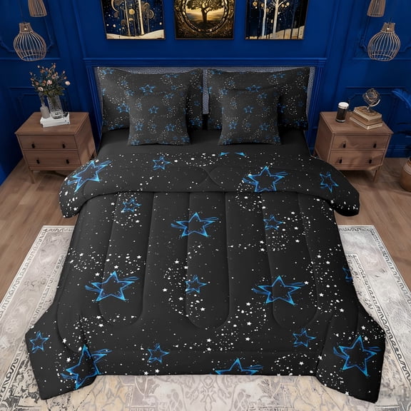 Feelyou Dreamy Stars Galaxy Bedding Comforter Set 7 Pieces for Kids, Glitter Constellation Full Bedding Set, Mystic Starry Sky Reversible Fitted Sheet Flat Sheet, Ultra Soft Bedroom Decor