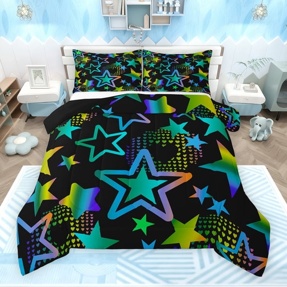 Feelyou Dreamy Stars Graffiti Bedding Comforter Set for Kids, Black Blue Cartoon Twin Comforter Sets, Fashion Love Heart Reversible Bedding Set, Ultra Soft Bedroom Decor, 2-Piece