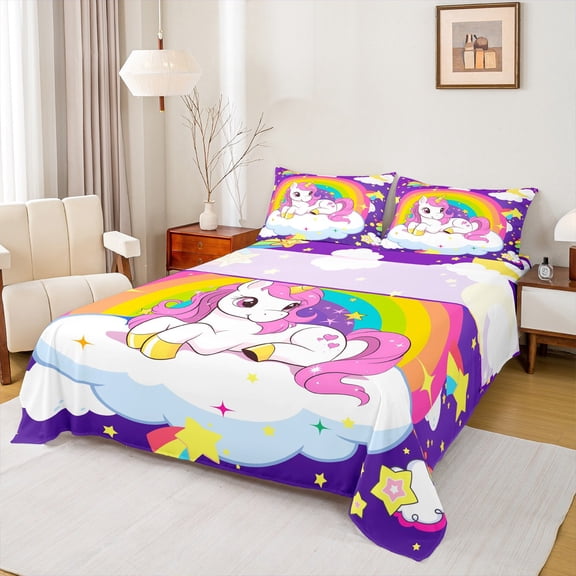 Feelyou Dreamy Unicorn Child Bed Sheets, Purple Galaxy Sky Rainbow King Sheets, Kawaii Magic Animal Sheet Set, Super Cozy Room Decor, 4 Pieces