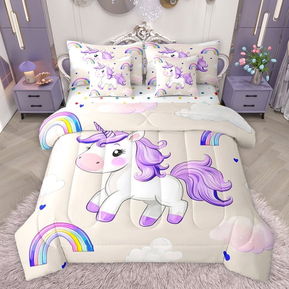 Feelyou Dreamy Unicorn Kid Bedding Comforter Set 7 Pieces, Watercolor Rainbow Print Full Bedding Set, Cloud Stars Galaxy Reversible Fitted Sheet Flat Sheet, Ultra Soft Bedroom Decor