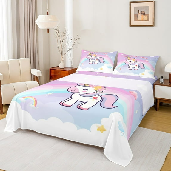 Feelyou Dreamy Unicorn Kids Queen Sheet Sets, Rainbow Stars Rainbow Flat Sheet, Kawaii Cartoon Animal Queen Fitted Sheet, Microfiber Bedroom Decor, 4 Pieces