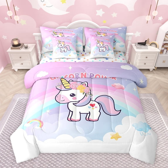 Feelyou Dreamy Unicorn Kids Twin Bedding Sets 7-Piece, Rainbow Stars Rainbow Bedding Comforter Set, Kawaii Cartoon Animal Reversible Sheet Sets, Microfiber Bedroom Decor
