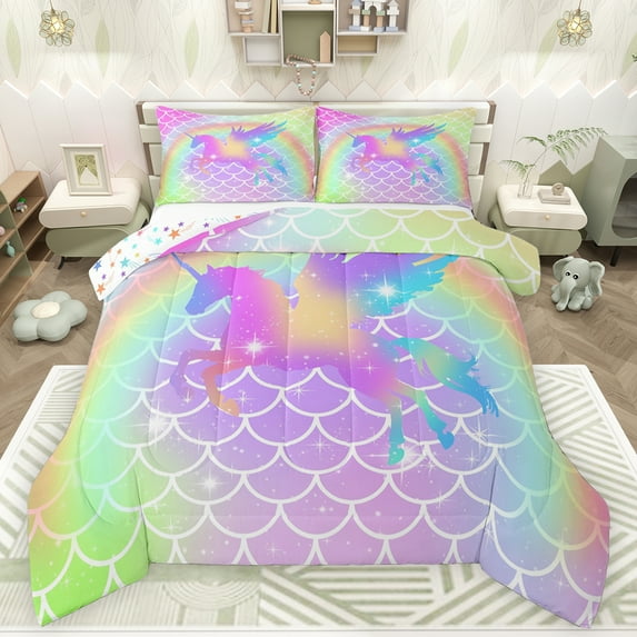 Feelyou Dreamy Unicorn Print Full Size Comforter Sets, Glitter Mermaid Scale Bedding Comforter Set, Teens Kids Boys Girls Reversible Bedding Sets, Lightweight Room Decor, 3 Pieces