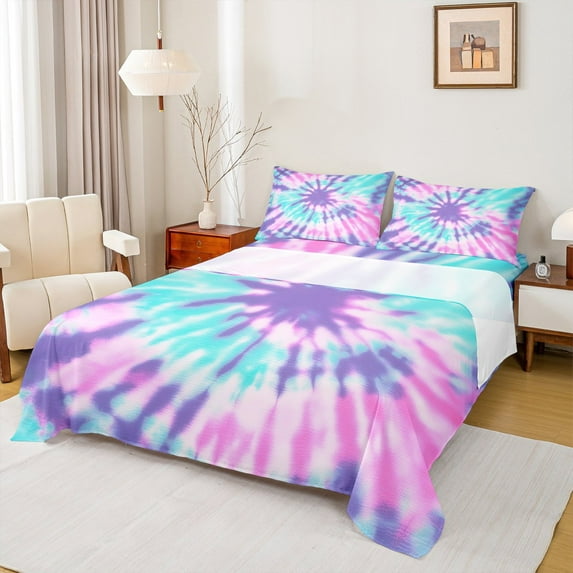 Feelyou Dreamy Watercolor Bed Sheets for Teen, Blue Plum Swirl Spiral King Sheets, Abstract Artwork Sheet Set, Microfiber Bedroom Decor, 4 Pieces