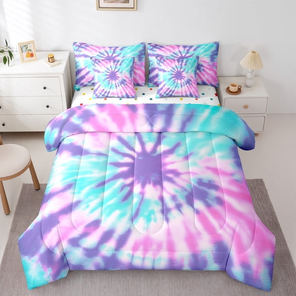 Feelyou Dreamy Watercolor Bedding Comforter Set 7-Piece for Teen, Blue Plum Swirl Spiral King Bedding Sets, Abstract Artwork Reversible Bed Sheets, Microfiber Bedroom Decor