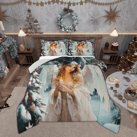 Feelyou Dreamy Western Angel Queen Comforter Set, Festival Christmas Bedding Sets, Teens Boys Girls Kids Reversible Bedding Comforter Set, Luxury Bedroom Decor, 3 Pieces