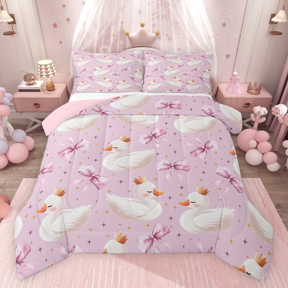 Feelyou Dreamy White Swan Bedding Comforter Set for Kids, Kawaii Princess Bowknot Twin Comforter Sets, Cartoon Animal Reversible Bedding Set, Super Cozy Room Decor, 2 Pieces