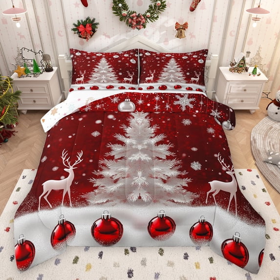 Feelyou Dreamy Xmas Tree Queen Comforter Set for Adult, Magical Reindeer Moose Bedding Sets, Dreamy Snow Snowflake Reversible Bedding Comforter Set, Luxury Bedroom Decor, 3 Pieces