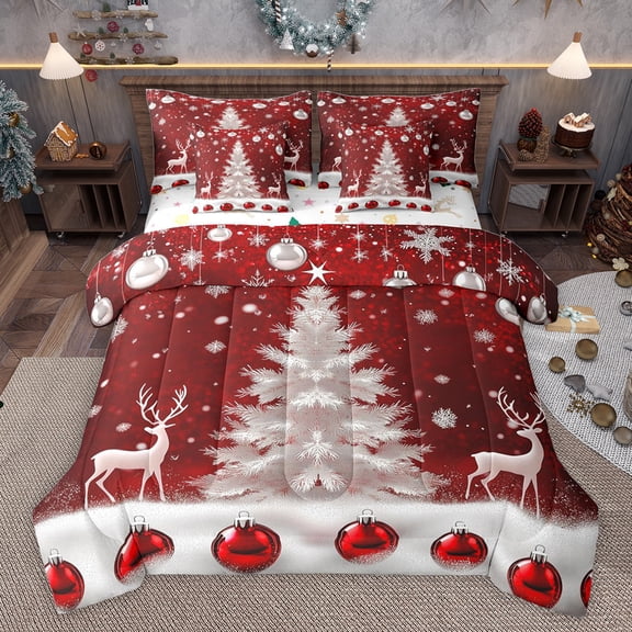 Feelyou Dreamy Xmas Tree Twin Bedding Sets 7-Piece for Adult, Magical Reindeer Moose Bedding Comforter Set, Dreamy Snow Snowflake Reversible Sheet Sets, Luxury Bedroom Decor