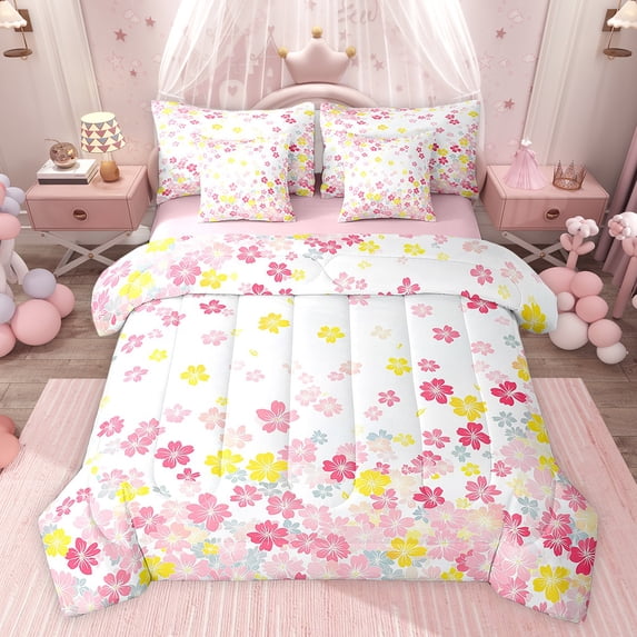 Feelyou Dreamyink Cherry Blossoms Bedding Comforter Set 7pcs, Pink Flower Floral Queen Bedding Sets, Teens Kids Girls Women Reversible Queen Sheet Sets, Luxury Bedroom Decor
