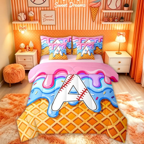 Feelyou Drip Ice Cream Letter A Twin Bedding for Kids, Fun Baseball Stitch Bedding Comforter Set, Pink Blue, Pink Reversible, 7pcs