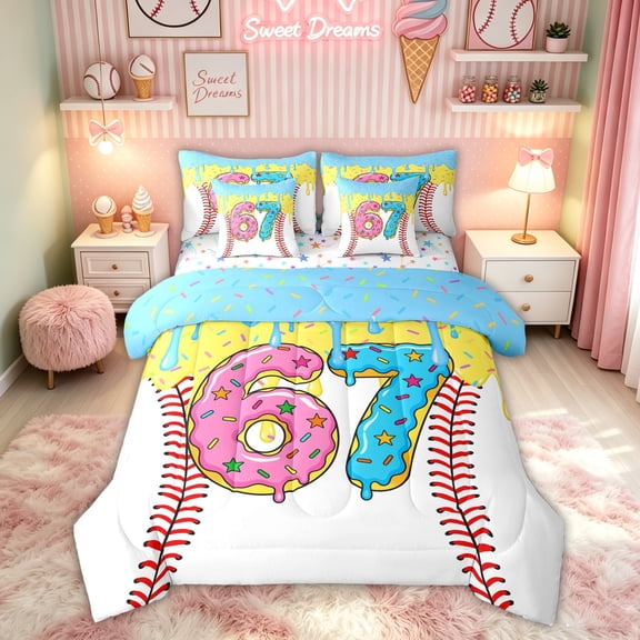 Feelyou Dripping 67 Digital Print Twin Bedding for Girls, Donut Sprinkle Baseball Bedding Comforter Set, Colorful Star Reversible, 7 Pieces